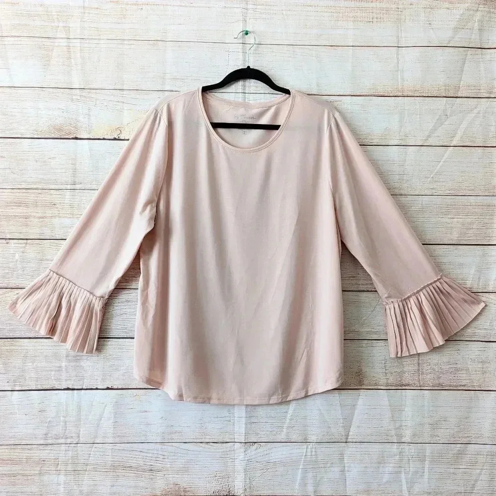 Chicos Size 3 (XL) Peach Tee 3/4 Frill Trim Sleeve Scoop Neck Stretchy Blouse